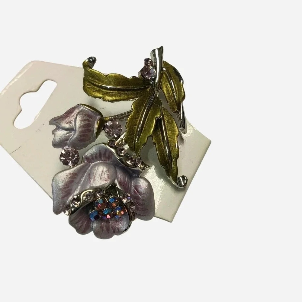 Pink, Green  And Gold Floral Brooch With Rhinestone Acccents